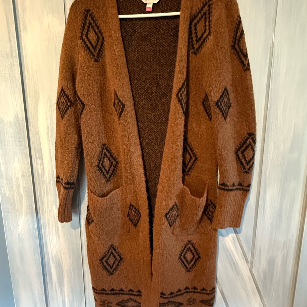No Boundaries Boho Brown and Black Diamond Pattern Geometric Cardigan